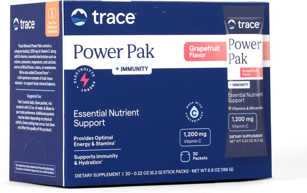 Trace Minerals | Power Pak Electrolyte + Immunity Boost Drink Packets | 1200 mg Vitamin C, Elderberry, Zinc, D3, B6, B12 | Immunity, Hydration, & Energy Support | Fizzy Grapefruit | 30 Packets 2