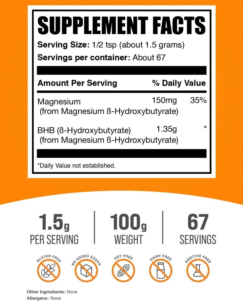 BulkSupplements.com Magnesium BHB Powder - BHB Salts, Beta-HydroxyButyrate Powder - Unflavored & Gluten Free, 1.5g per Serving, 1kg (Pack of 5) (11 lbs) 3