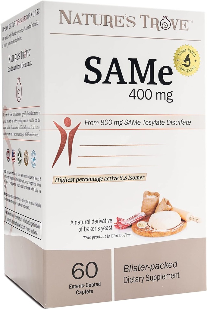 Nature's Trove SAM-e 400mg 60 Enteric Coated Caplets. Vegan, Kosher, Non-GMO Project Verified, Soy Free, Gluten Free - Cold Form Blister Packed. 2