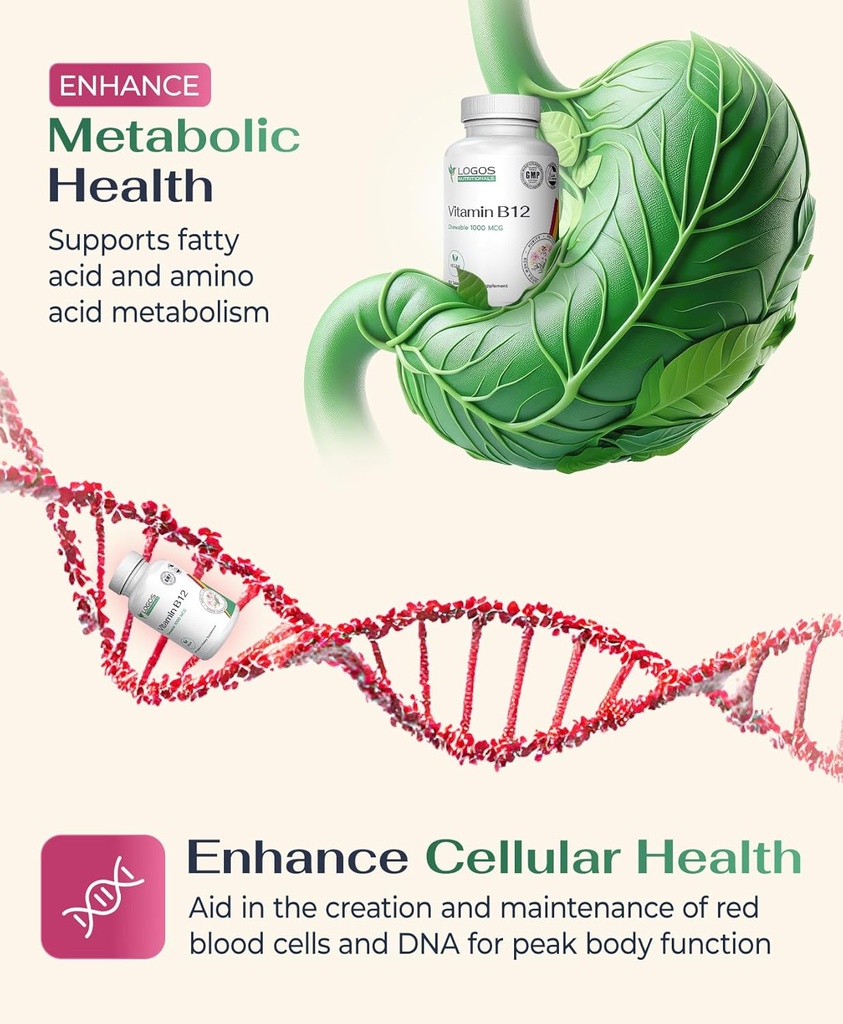 Chewable Vitamin B-12 1000 Mcg | Supports Healthy Brain Function & Memory | Cherry-Flavored B12 Methylcobalamin Supplement for Hair, Skin & Nails - 100 Tablets 6