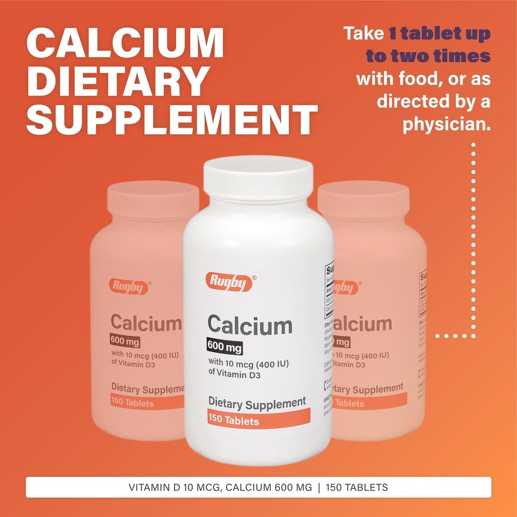 Rugby 600 mg Calcium Tablets - Made with 10 mcg (400 IU) of Vitamin D3 - Dietary Supplement - 150 Tablets 4