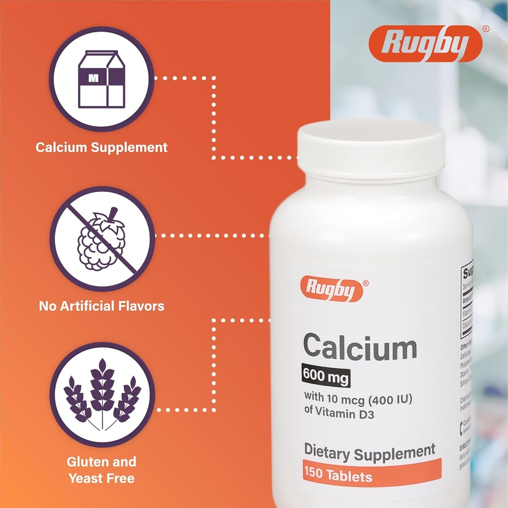 Rugby 600 mg Calcium Tablets - Made with 10 mcg (400 IU) of Vitamin D3 - Dietary Supplement - 150 Tablets 5