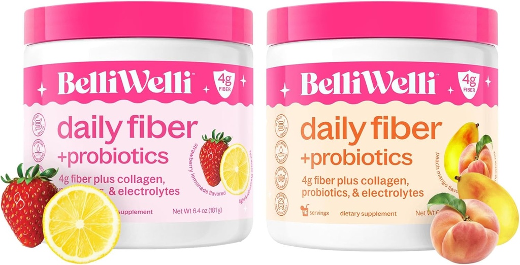 Daily Fiber Supplement Bundle with Collagen, Probiotics & Electrolytes - Peach Mango & Strawberry Lemonade Flavors - Supports Digestive Health, Debloating, Gut & Hormone Balance - 32 Servings Total 2