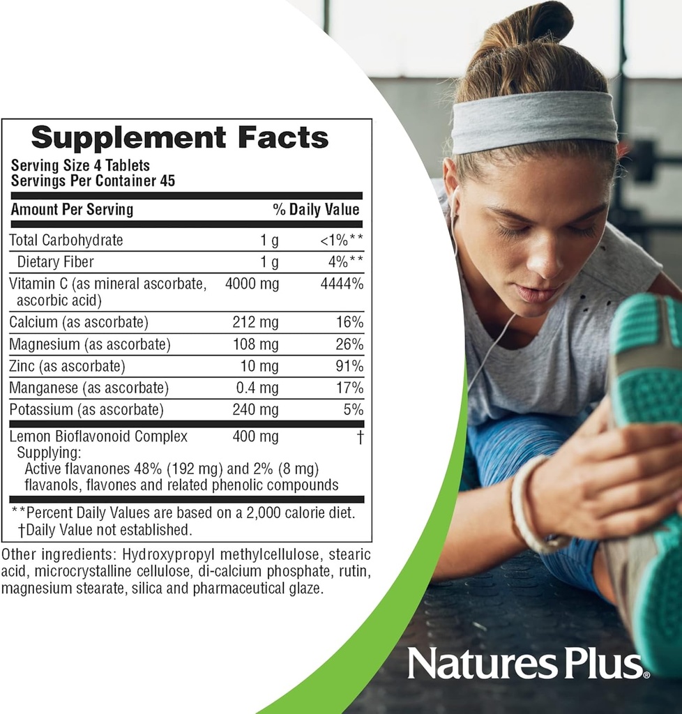 NaturesPlus C-Ascorbs Buffered Vitamin C, Sustained Release - 4000 mg, 180 Vegetarian Tablets - Super Potency Immune Support with Mineral Ascorbates, Antioxidant - Gluten-Free - 45 Servings 6