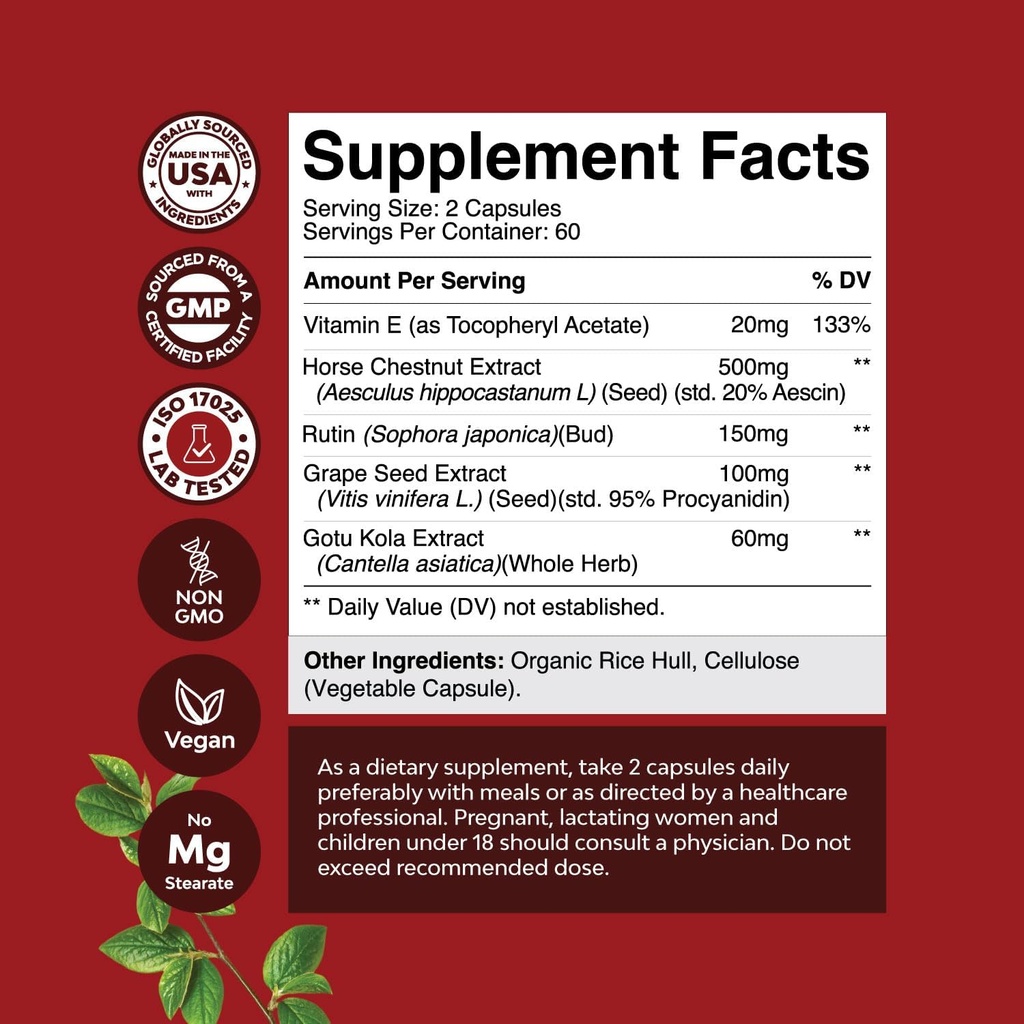 Vein Support Supplements Leg and Veins - Full Body Circulation Supplement for Spider & Varicose Veins and Improved Flow with Horse Chestnut Extract & Flavonoids - Vegan Non-GMO Mini Caps (2 Month) 4