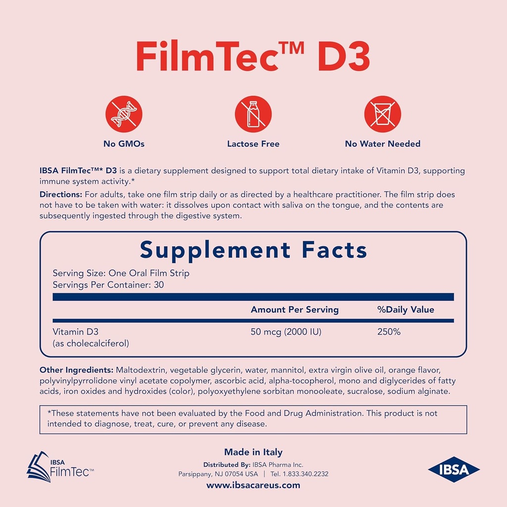 Ibsa FilmTec D3 - Dietary Supplement – 2000 IU Vitamin D3-30 Oral Dissolving Films for Immediate Release and Tolerability - Gluten-Free, Lactose-Free, Sugar-Free, Non-GMO 6