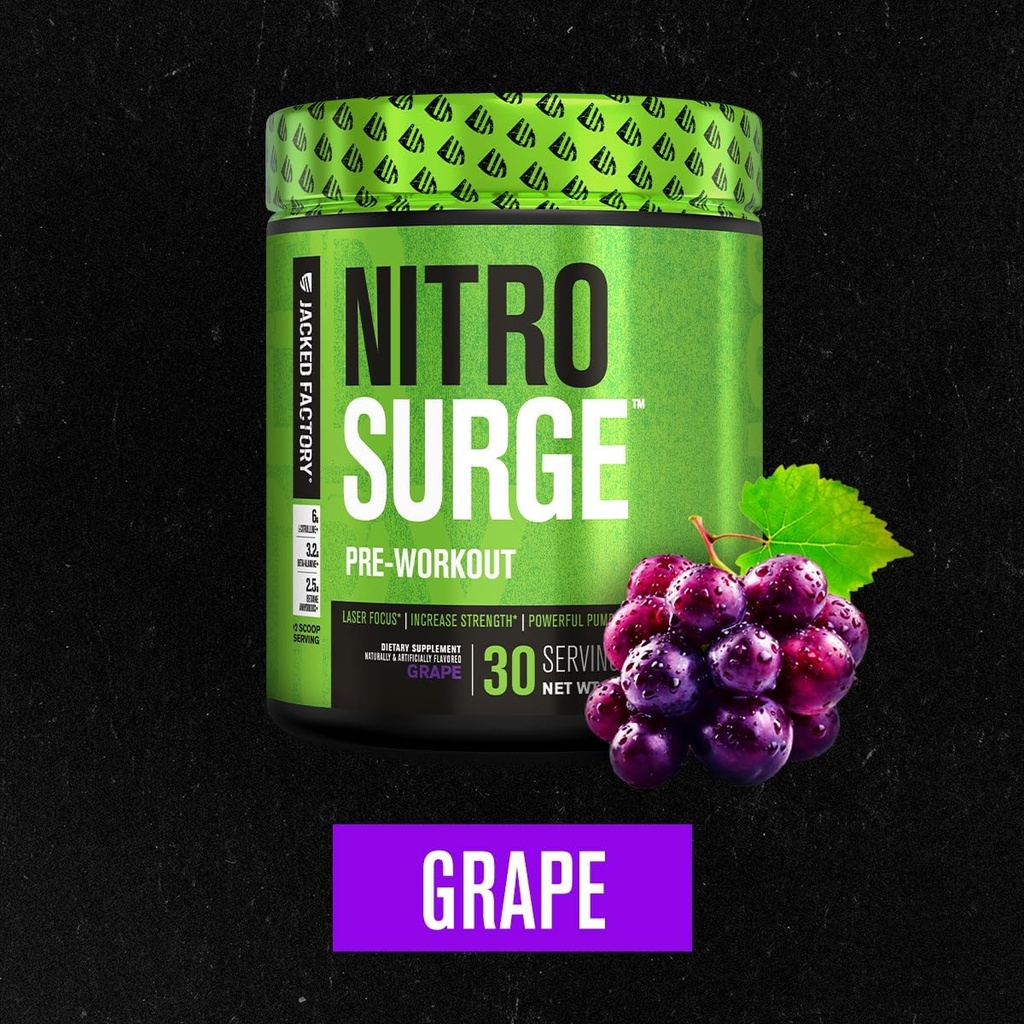 Jacked Factory NITROSURGE Pre Workout Supplement (Grape, 30 Servings) & Creatine Monohydrate Powder (Unflavored, 30 Servings) 5