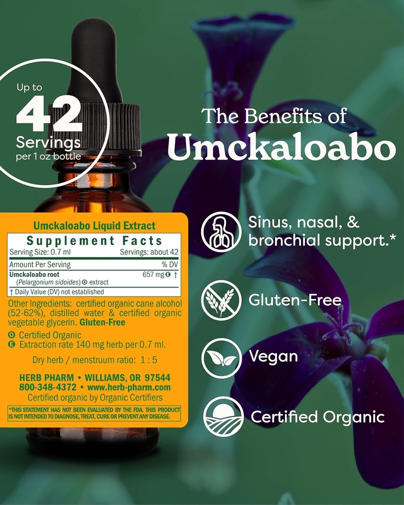 Herb Pharm Certified Organic Umckaloabo Liquid Extract for Respiratory System Support, 1 Fl Oz 3