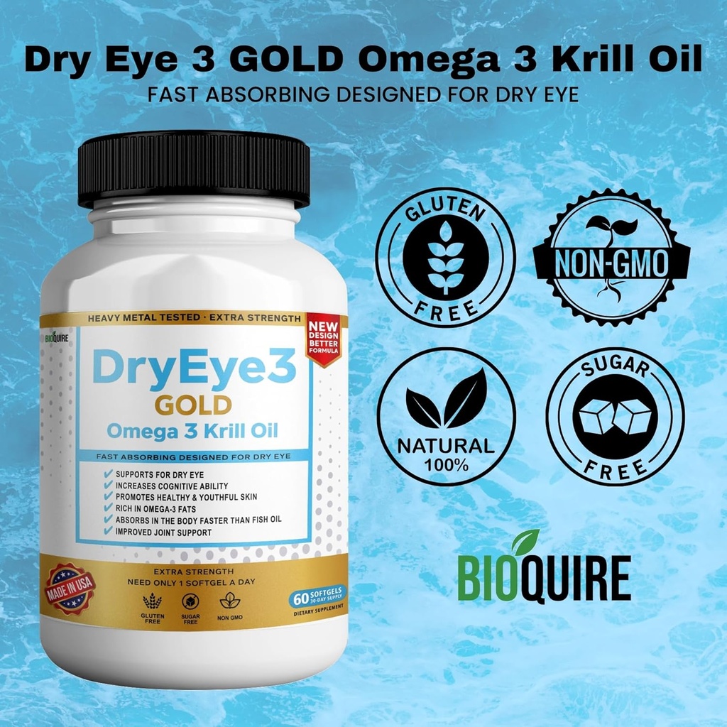 Dry Eye 3 Gold Omega 3 Krill Oil Extra Strength, 60 Softgels, Dry Eye Support, Non-GMO, Gluten Free, Sugar Free (5) 4
