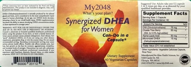 DHEA for Women Synergized in Vegetarian Capsules, 60 Count, Hormonal Balance, Includes 15 mg DHEA, 50 mg Alpha-Lipoic Acid, 50mg Chaste Tree Berry and 75 mg DIM Diindolylmethane 5