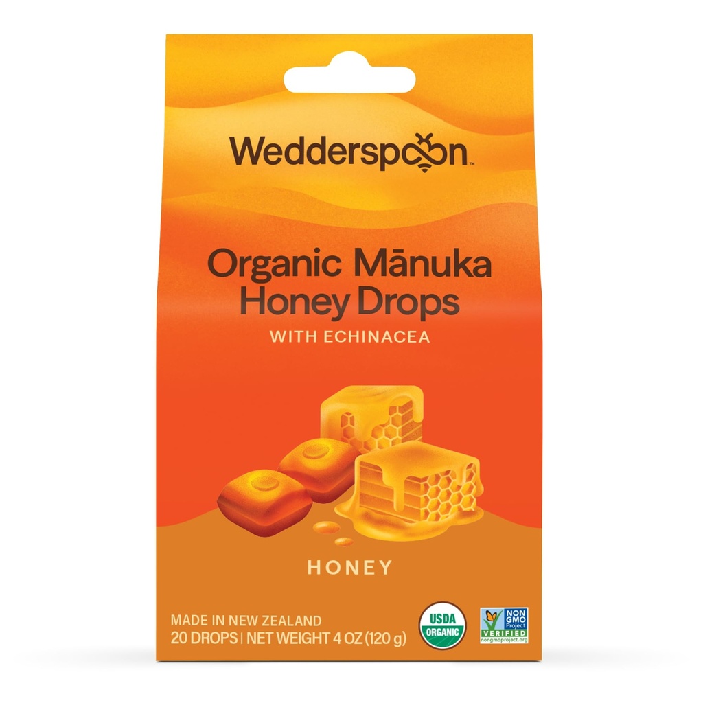 Wedderspoon Organic Manukaハニードロップ、ハニー&エキナセア、20カウント(パッケージ1) | 本物ニュージーランドハニー | ドライスロートに最適な治療法