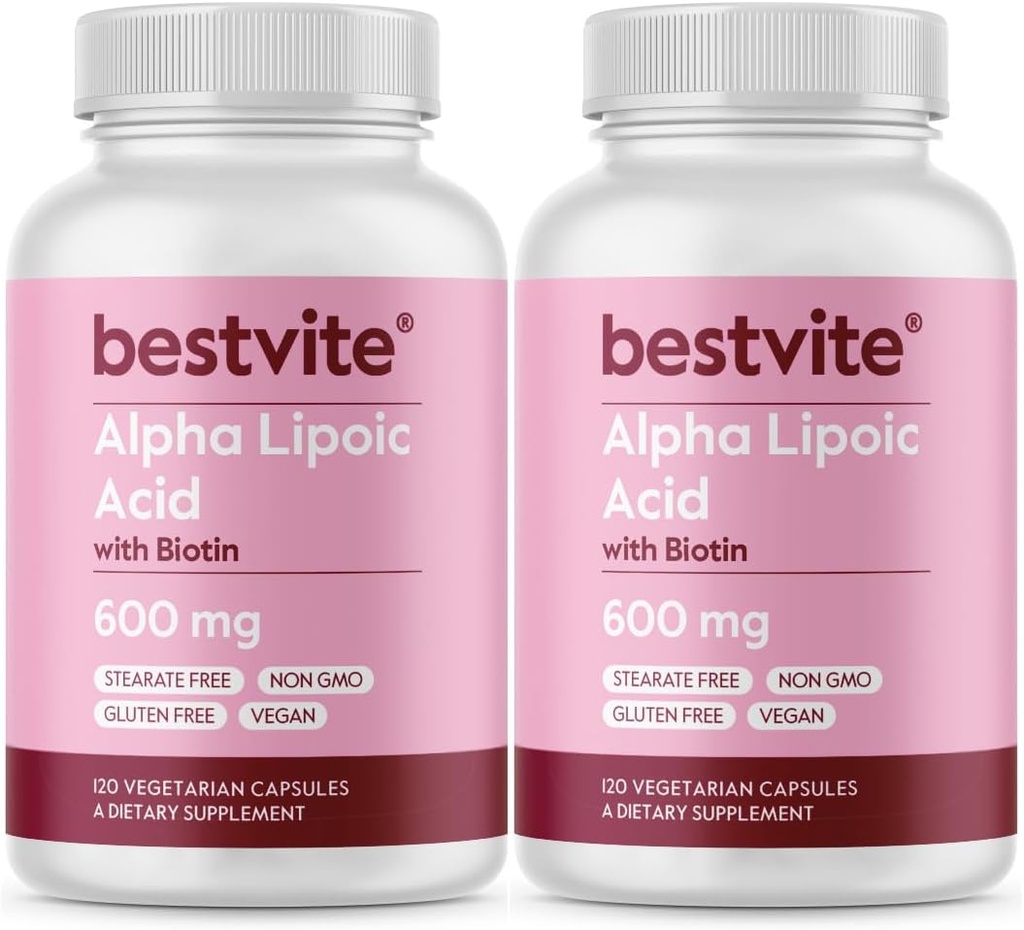 アルファリポ酸 600mg (カプセルごと) 吸収を高めるためにBiotin と (240 ベジタリアン カプセル) (2 x 120) 充填剤なし - せん断なし - フローエージェントなし