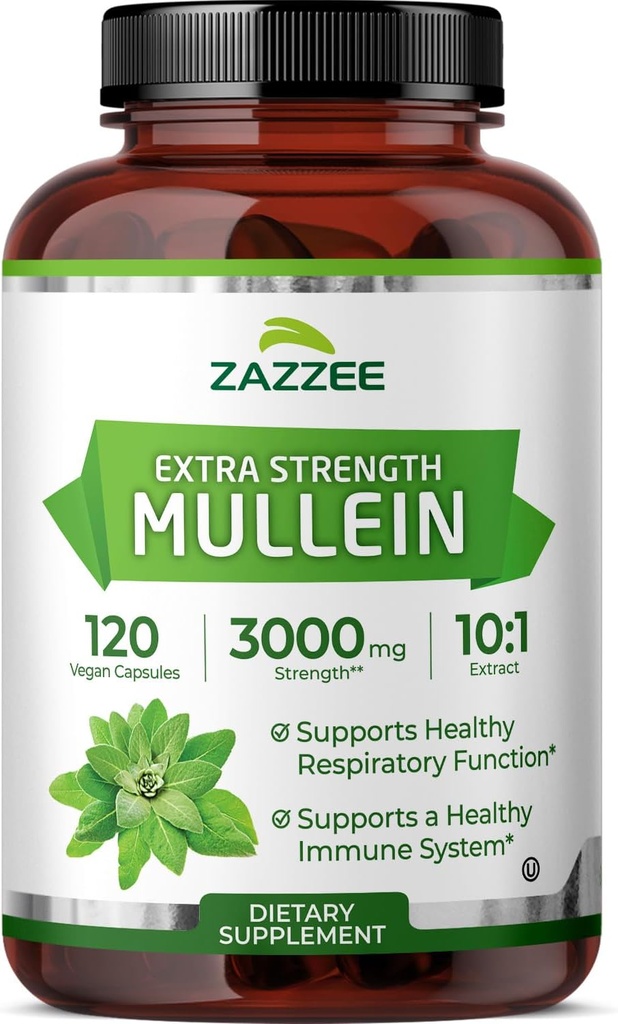 Zazzeeの余分強さのMullein 10:1のエキス、3000のmgの強さ、120のビーガン カプセル、4か月の供給、標準化された10Xのエキス、100%の純粋な葉の粉、米国でなされるオールナチュラルおよび非GMO