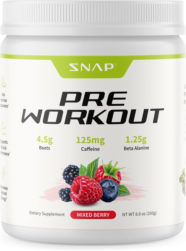 Snap Supplements Pre Workout Beet Root Powder, Nitric Oxide Preworkout Supplement for Men and Women - Energy and Heart Health Support, 8.8 oz, (30 Servings,1 Month Supply), Mixed Berry