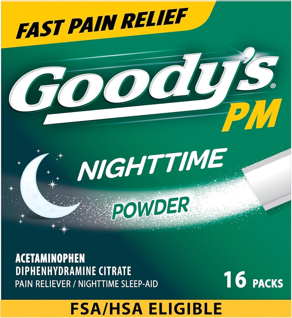 Goody's Nighttimeパウダー、痛みリレバー&Aid with Acetaminophen&Diphenhydramineクエン酸塩、カフェインフリー、16カウント