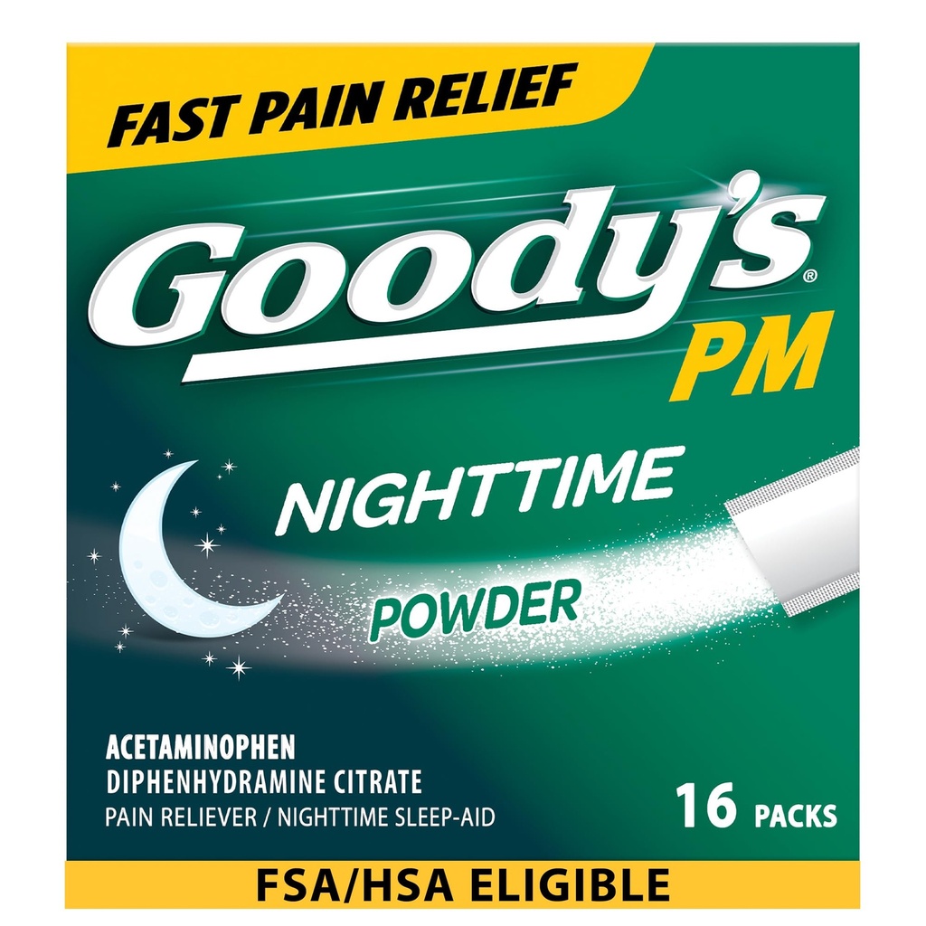 Goody's Nighttimeパウダー、痛みリレバー&Aid with Acetaminophen&Diphenhydramineクエン酸塩、カフェインフリー、16カウント