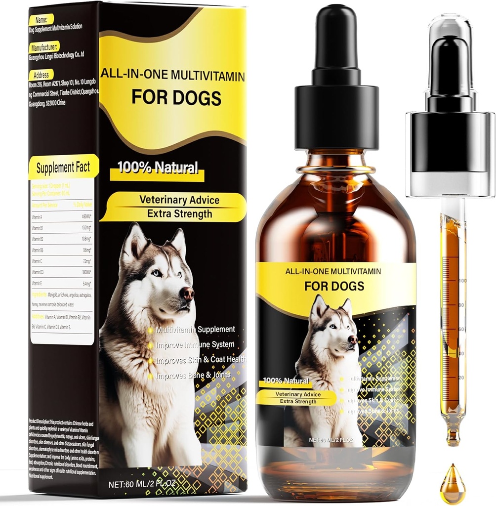 Dog Multivitamin Liquid, 13-In-1 Dog Vitamins Extra Strength to Improve Dog’s Digestive, Immune, Skin, Coat, Bone, Joints Health, 60 Ml Nature Dog Vitamins and Supplements for All Ages Breed Sizes Dog