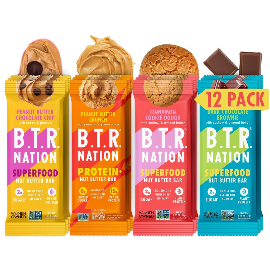 B.T.R. Nation スーパーフード ケト プロテインバー - 植物ベースのビーガンプロテイン | (12パック) バラエティパック | 低炭水化物食品, 低カロリー, グルテンフリー, 砂糖アルコールなし, スーパーフードでボス加工