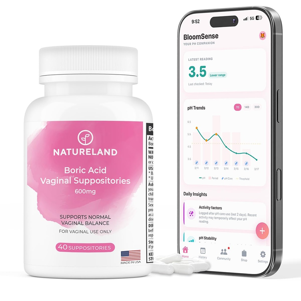 Natureland 40 カウント, 600 mg のホウ酸腟の坐骨, 米国製, pH バランスを回復し、乾燥を削減します。, 臭気, かゆみ, 排出, サポート 健康 (40 カウント)