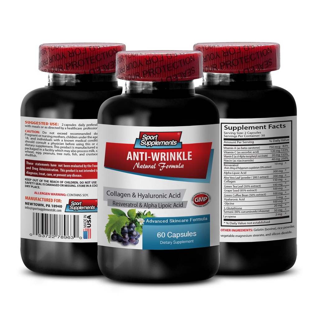 Resveratrol 250 - アンチしわの丸薬 - 女性のアンチエイジングスキンケア、コラーゲンアンチしわの丸薬、アロエベラジュース、アロエベラカプセル有機、ハローロロン酸ビタミン、1ボット60カプセル