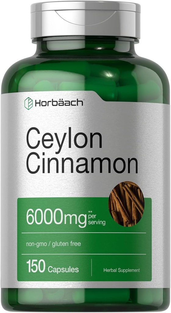 Horbäach Ceylon Cinnamon Capsules | 6000 mg | 150 Count | Non-GMO & Gluten Free Supplement