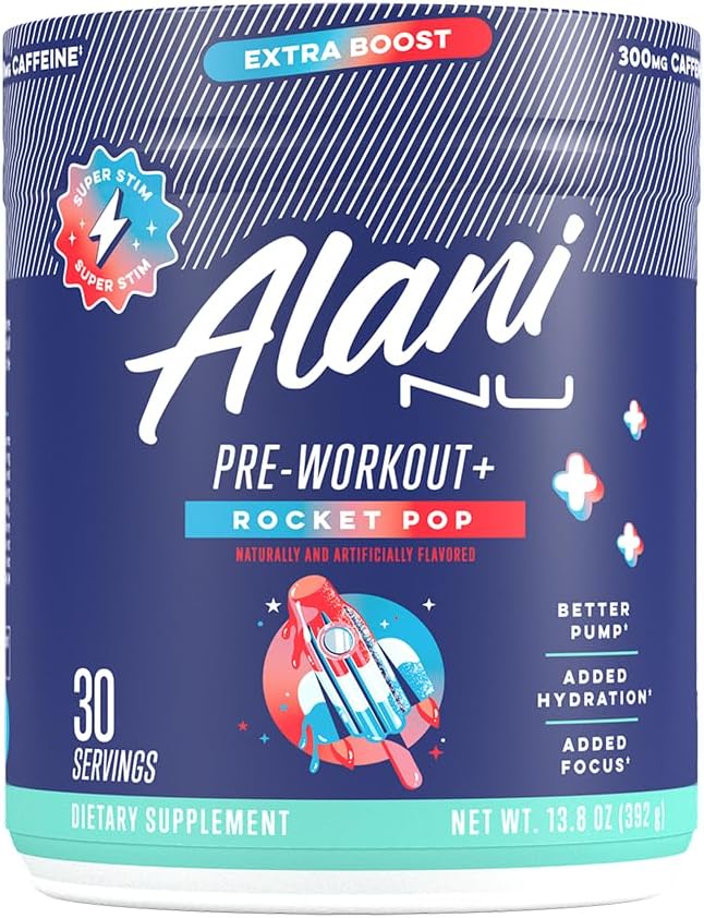 Alani Nu Pre Workout+ パウダー Rocket POP, Extra Boost, Sugar Free, 300mg Caffeine, L-Theanine, Beta-Alanine, シトルリン, 30 サービング