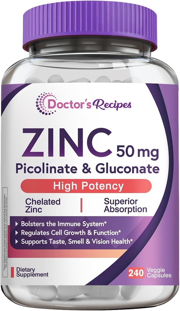 Doctor's Recipes Zinc 50mg, Highly Absorbable Zinc Picolinate & Gluconate, Supports Natural Immune Defense, DNA & Protein Formation, Cell Growth, Non-GMO, 240 Veggie Capsules