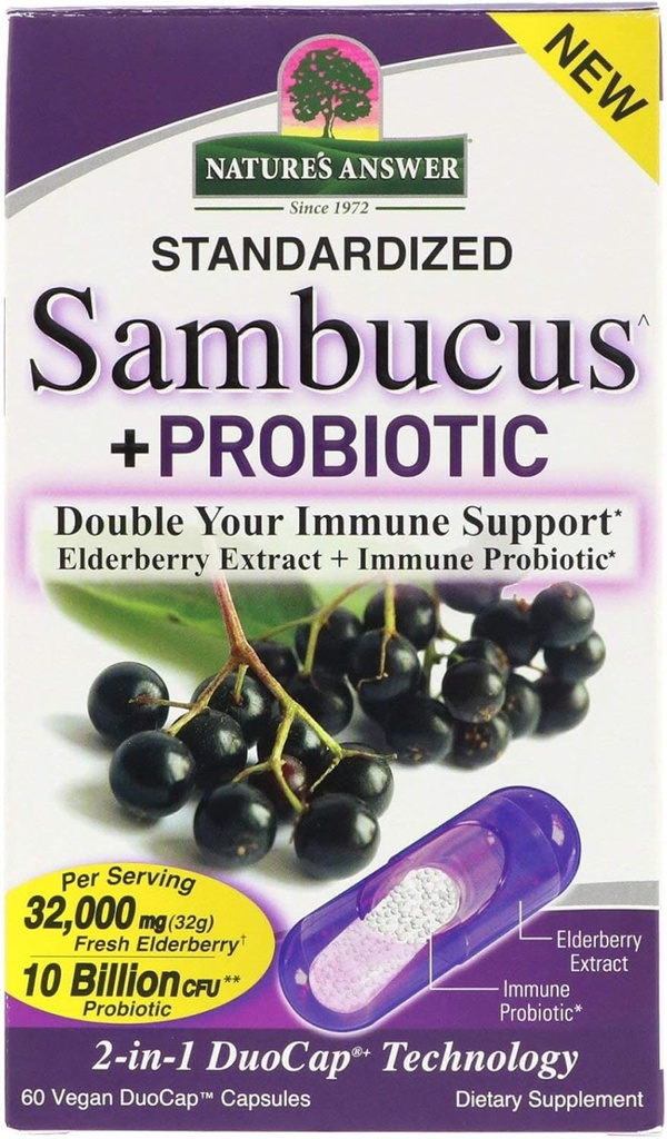 Nature's Answer Sambucus + Probiotic | 新規 2-in-1ダブルあなたの免疫サポート | 32,000mg 10億CFUプロバイオティックを備えた標準化された新鮮なエルダーベリーデュオキャップ | グルテンフリー、非GMO | 60ビーガンカプセル