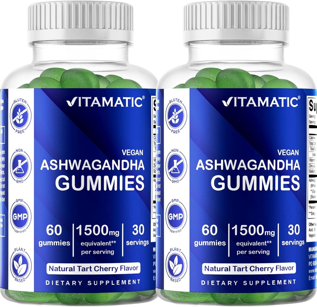 Vitamatic 2 パック Ashwagandha Gummies 1500 mg 食べ当たり等価 (から 30:1 抽出物 50 mg) - 60 ビーガンガミー - 3% withanolides