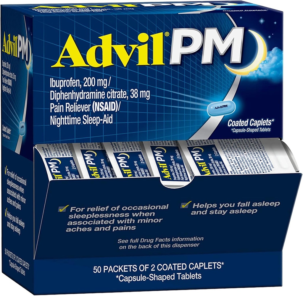 Advil PMの痛みのRelieverおよび夜間の睡眠の援助、痛みの軽減のためのIbuprofenの痛みの薬および睡眠の援助のためのDiphenhydramineのクエン酸塩- 50x2上塗を施してある小冊子