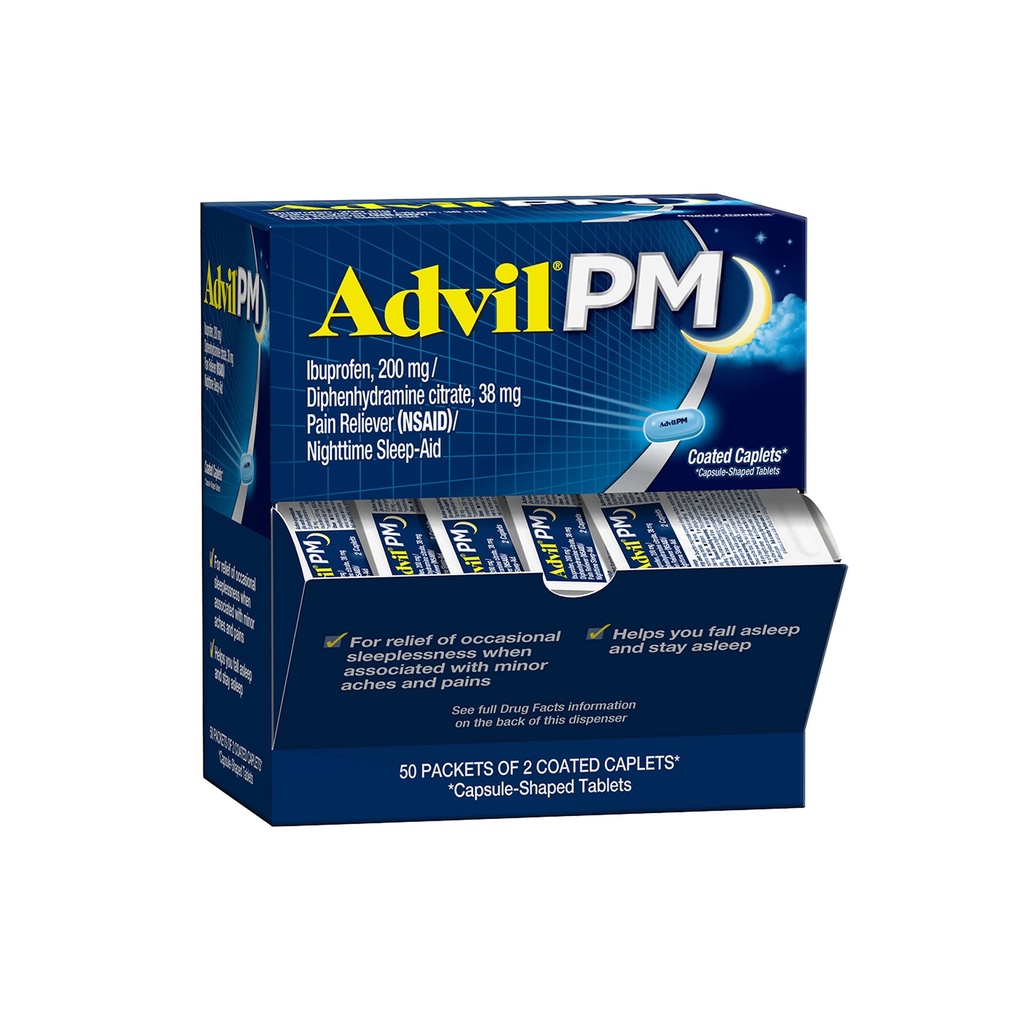 Advil PMの痛みのRelieverおよび夜間の睡眠の援助、痛みの軽減のためのIbuprofenの痛みの薬および睡眠の援助のためのDiphenhydramineのクエン酸塩- 50x2上塗を施してある小冊子