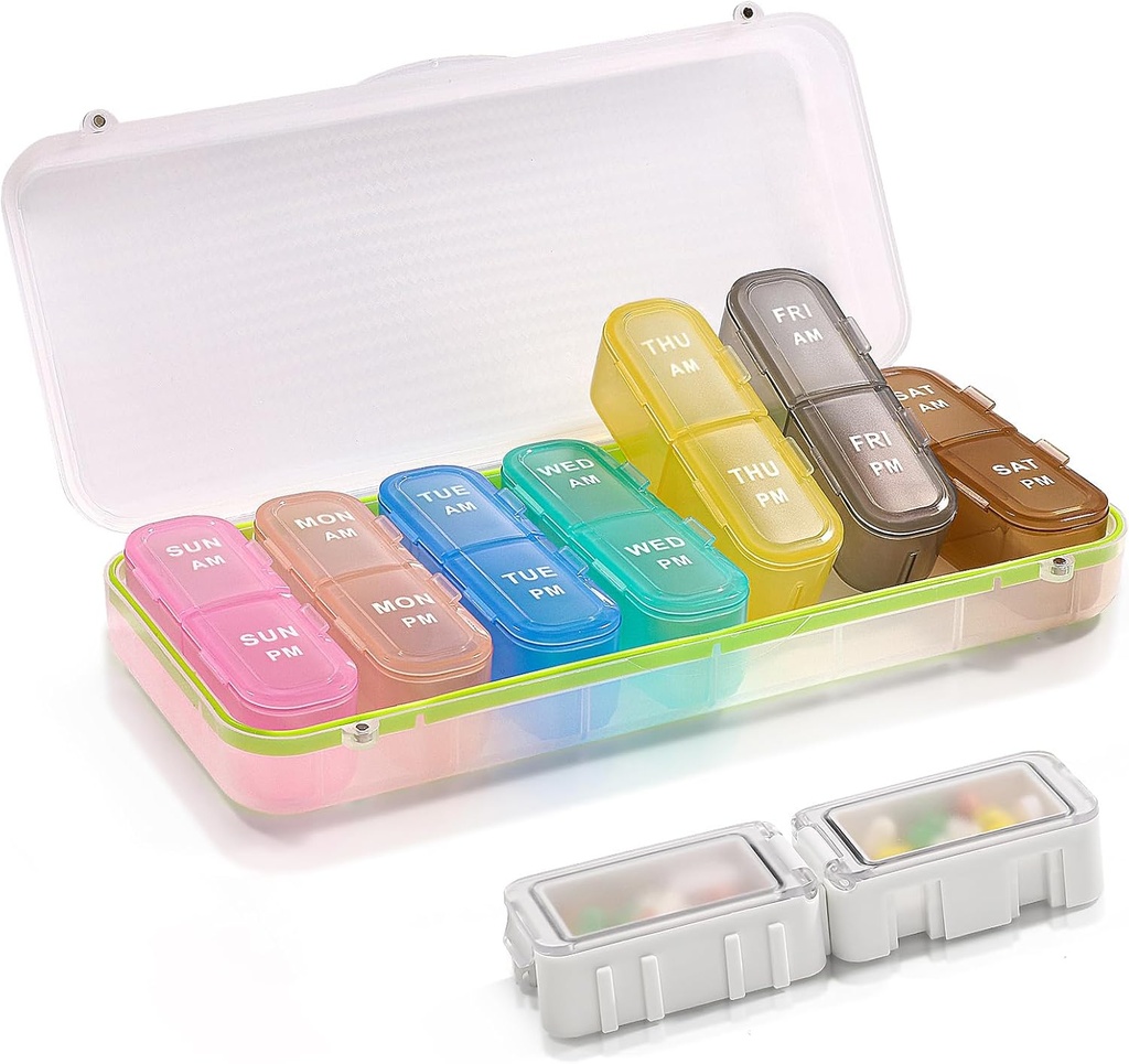 Pill Boxes and Organizer 2 Times a Day, Pill Organizer 2 Times a Day, Weekly Pill Organizer, Travel Pill Organizer Case for Vitamins, Fish Oils+ 2 Detachable Cute Pill Organizer (White)