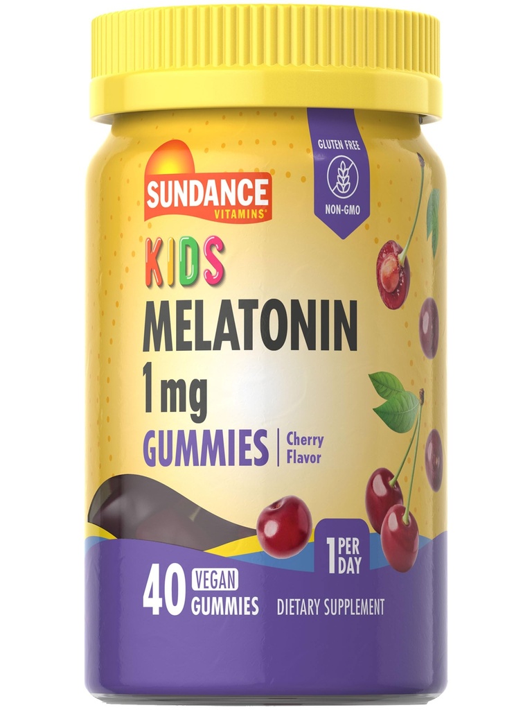 Sundance Kid's Melatonin Gummies 1mg | 40 カウント | チェリーフレーバー | ヴィーガン、非GMO、グルテンフリーサプリメント