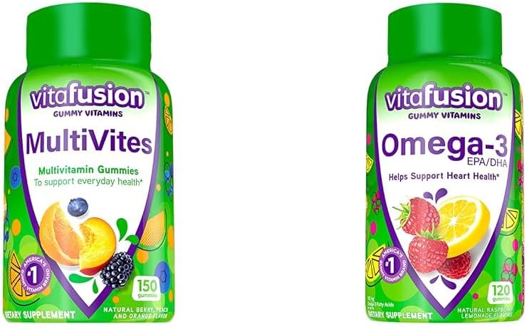 Vitafusion 12ビタミンとミネラル、ベリー、ピーチ&オメガ3ガミービタミン、ベリーレモネード風味、心臓健康ビタミン(1)