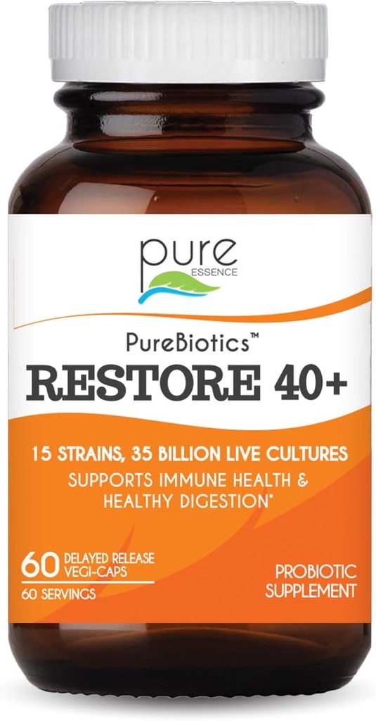 PURE ESSENCE LABS PureBioticsは40 + Probioticサプリメントを復元 - 免疫と消化の健康をサポート - 酪農場&グルテンフリー - 15ストレーナー(35 Billion CTU)大人ナチュラルプロバイオティクス(60キャップ)