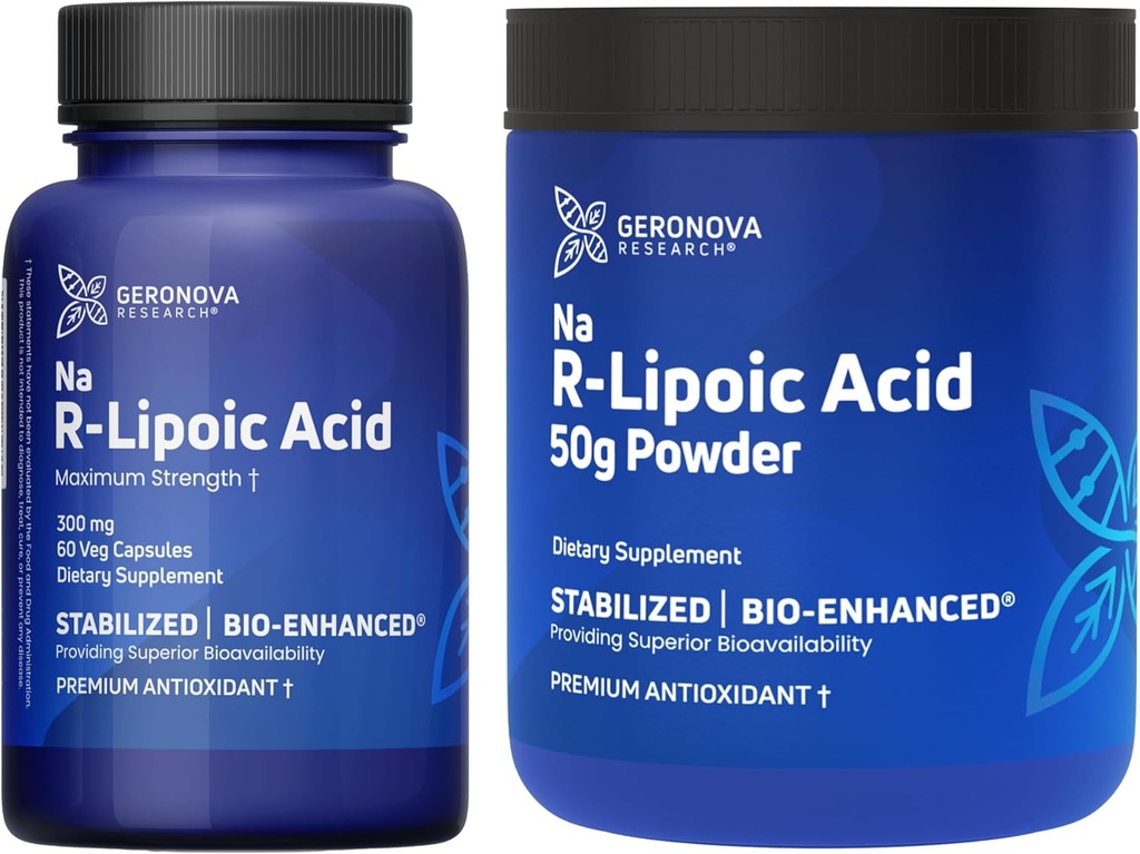 Geronovaの研究R-液体の酸300mg 60の帽子、生物高められたNa R-Lipoicの酸50gの粉の束