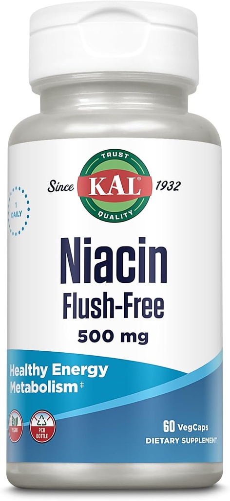 KAL Niacin 500mg Flush Free - Vitamin B3 Supplement - Metabolism and Energy Support - Skin, Nerve, Digestive Health and Circulation Support - Vegan Vitamin, 60-Day Guarantee, 60 Servings, 60 VegCaps