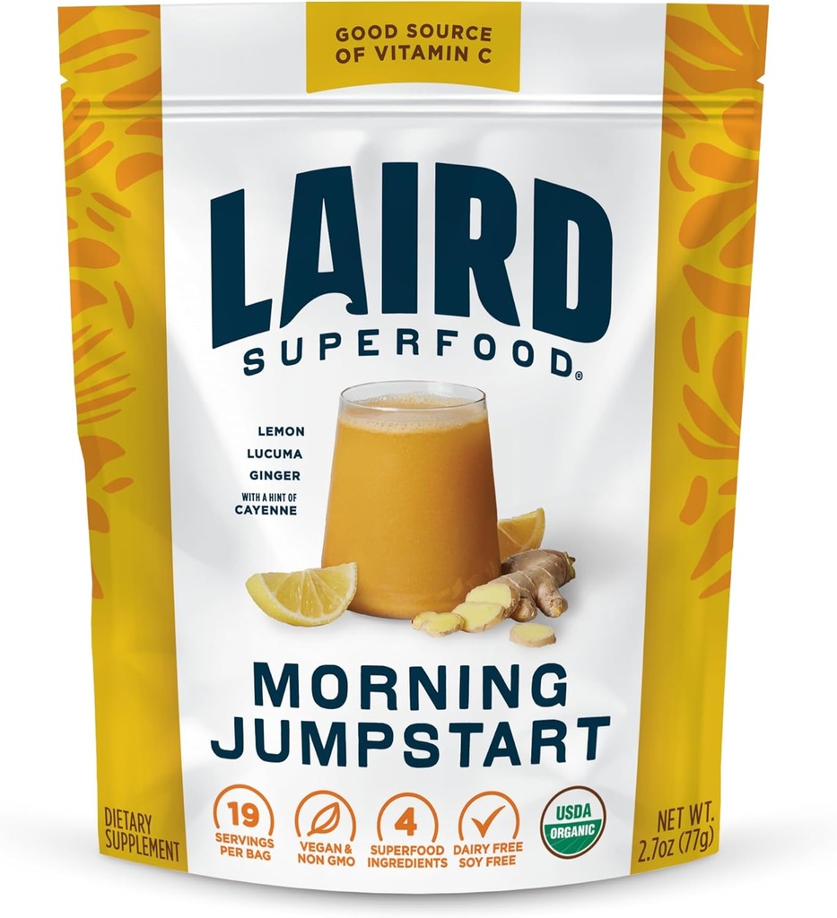 Laird Superfood Morning Jumpstart Powder Drink Supplement, Lemon, Lucuma, Ginger and Cayenne Cleanse, Organic, 2.7 Oz Bag, Pack of 1