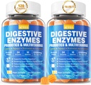 Digestive Enzymes with Probiotic Gummies, Multivitamins, Calcium, Magnesium - All 24 Essential Chewable Multi Enzymes - Papaya, Lipase, Amylase, Bromelain - Breaking Down Carbs, Proteins, Fats, 2Packs