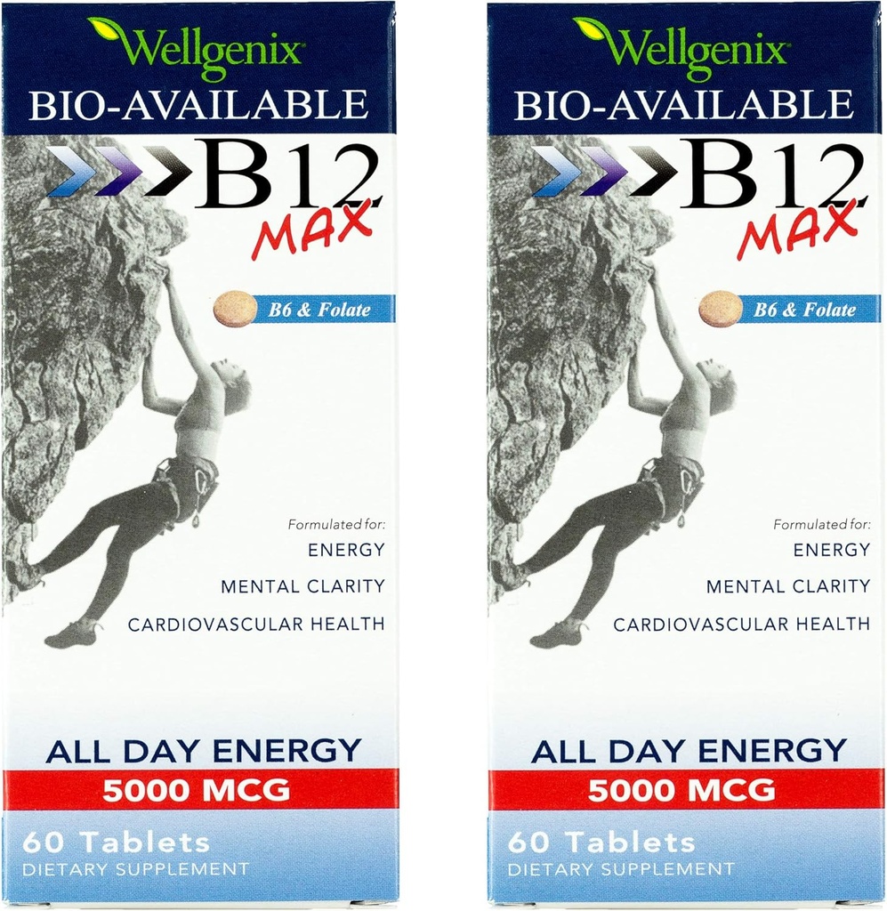 Wellgenix Bio-Available Sublingual B12 Max - 高吸収のために処方 - 栄養マルチビタミンB12、B6、フォーレート - 高速分解(60 Ct)2パック