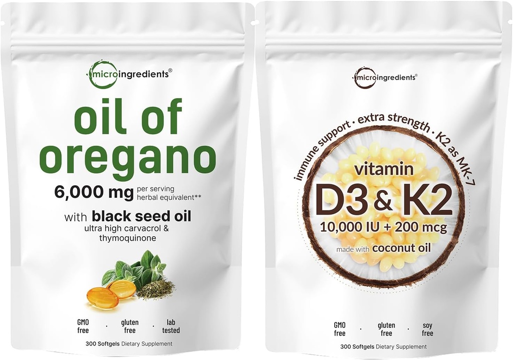 Oregano Softgelsのマイクロ原料オイル 6,000mg/サービング及びビタミンD3 10000iu + K2 200mcgのココナッツ オイルのSoftgelsは2パックを束ねます  4X強さCarvacrol及びThymoquinonの 必須のサンシャイン ビタミン