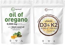 Oregano Softgelsのマイクロ原料オイル 6,000mg/サービング及びビタミンD3 10000iu + K2 200mcgのココナッツ オイルのSoftgelsは2パックを束ねます  4X強さCarvacrol及びThymoquinonの 必須のサンシャイン ビタミン