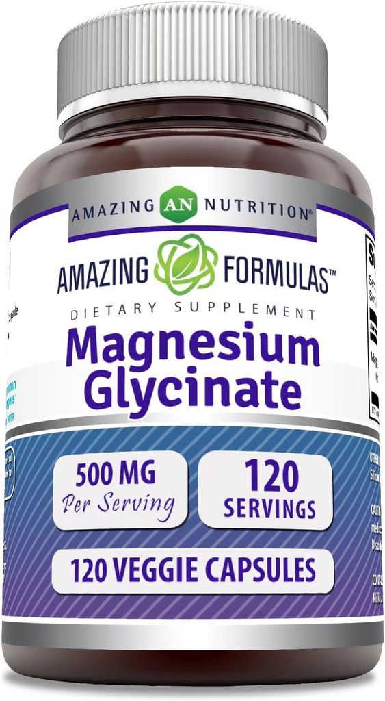 Amazing Formulas Magnesium Glycinate 500 Mg | Veggie Capsules Supplement | Non-GMO | Gluten-Free | Made in USA (Unflavored, 120 Count)