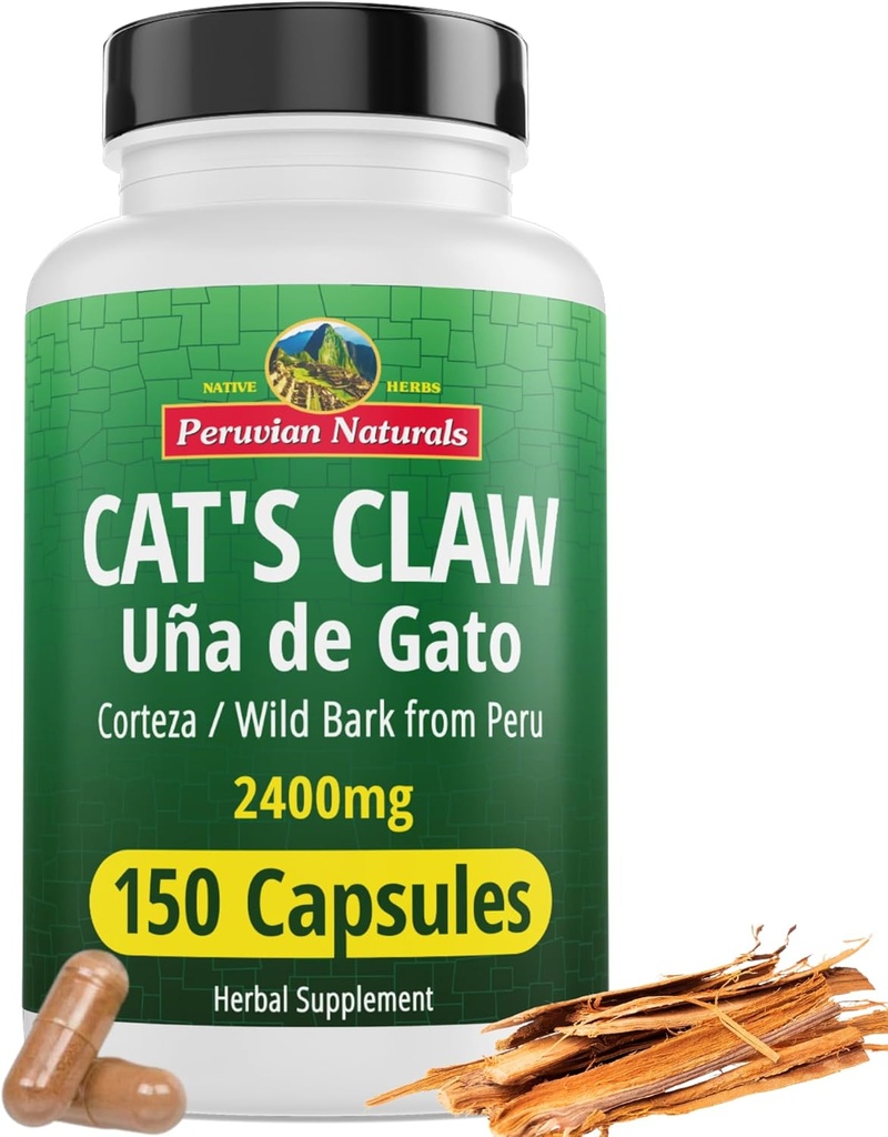 ペルーナチュラルズ猫の爪ハーブサプリメント150カプセル - ビーガンのウニャ・デ・ガト2400mg、ペルーで育つ100%天然猫爪樹皮、非GMO、Uncaria Tomentosa UNA de Gato