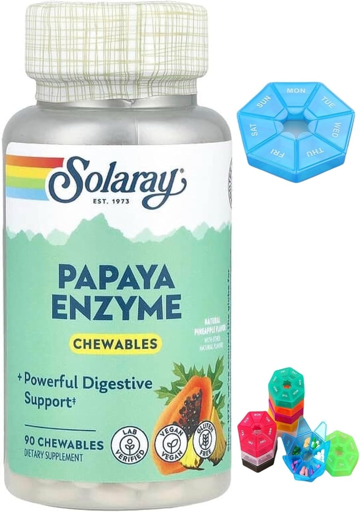 Solaray、Papaya Enzyme、Natural Pineapple、90 Chewables +ボーナス1ミニピルボックス7日間