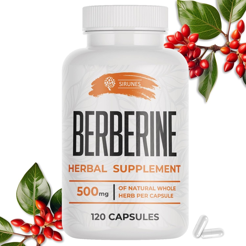 SIRUNES Berberine Supplement – Berberine HCL Dietary Supplement for Men and Women – Non GMO Berberine 500mg – Ideal for Immune Support, Heart, Cholesterol Levels 120 Capsules