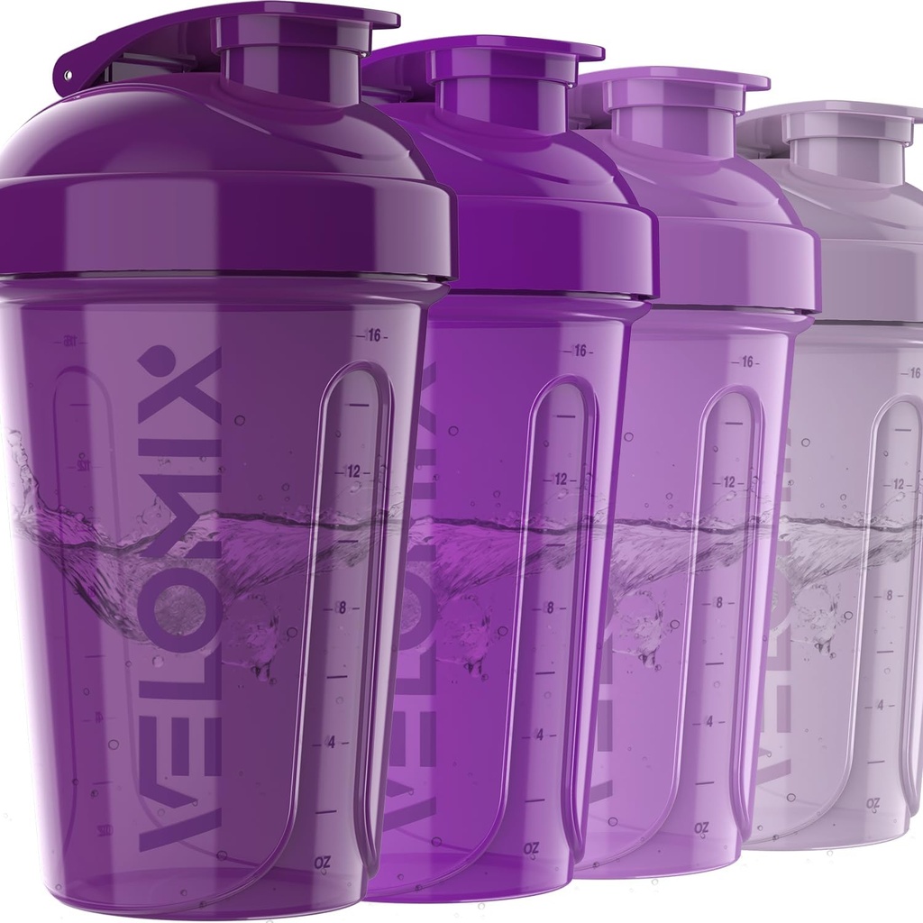 VELOMIX -4 PACK- 20 OZプロテインミキサー用タンパク質シェーカーボトル, プロテインシェイクス用のシェーカーカップ, 小さなシェーカーボトルパック, シェーカーカップ, タンパク質シェイクス用シェーカー (紫花)
