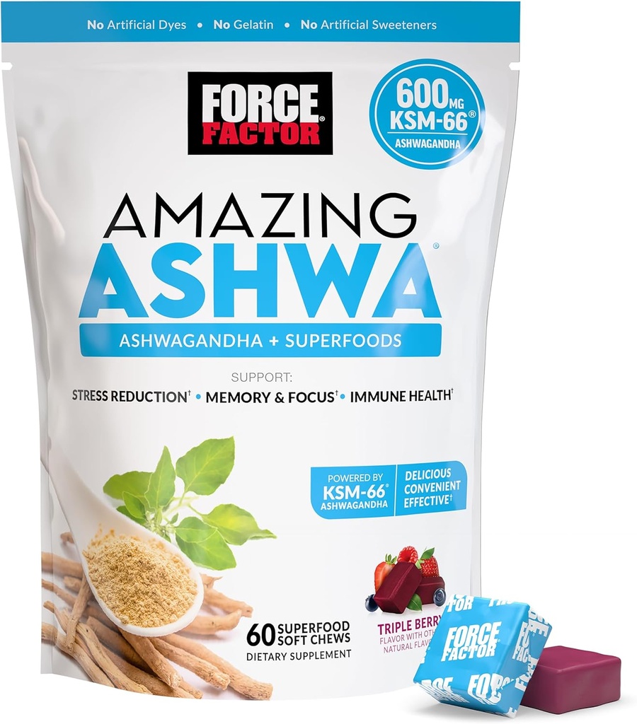 Force Factor Amazing Ashwa for Stress Relief, Memory, Focus, and Immune Support Health, Ashwaganda Supplement with KSM-66 Ashwagandha for Stress, 60 Soft Chews