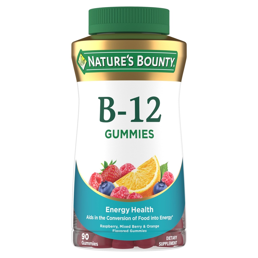Nature's Bounty Vitamin B12グミー、栄養補助食品、エネルギー代謝と神経系の健康、混合ベリー風味、500mcg、90グミ