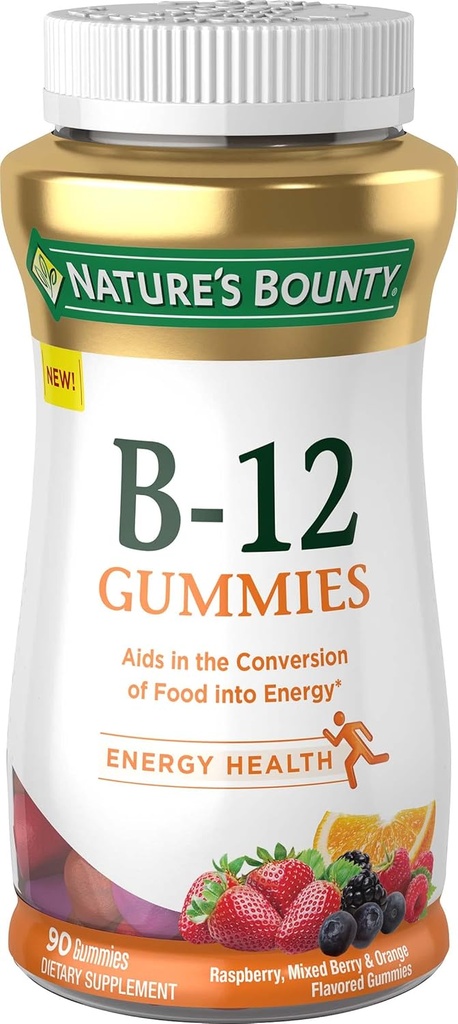 Nature's Bounty Vitamin B12グミー、栄養補助食品、エネルギー代謝と神経系の健康、混合ベリー風味、500mcg、90グミ
